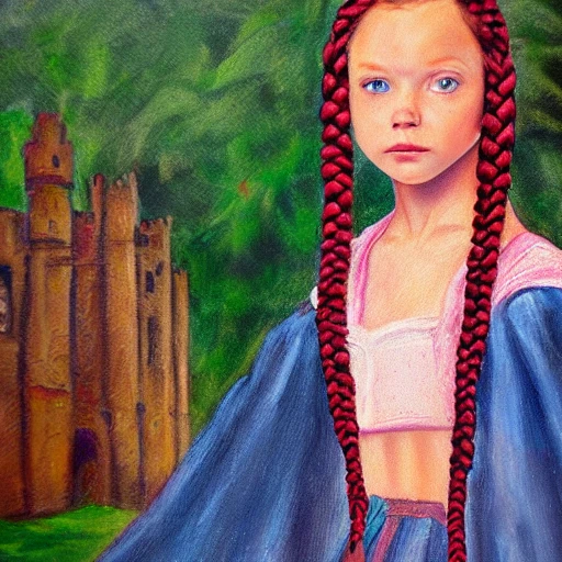 girl portrait, red braided hair, blue eyes, black skin, fur cape, castle on the background, Oil Painting