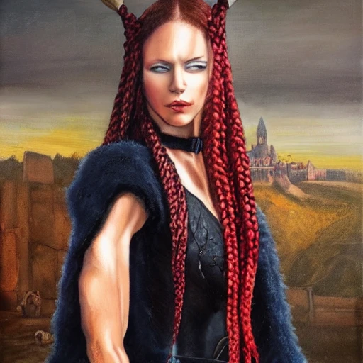 girl warrior, red braided hair, blue eyes, black skin, fur cape, castle on the background, Oil Painting