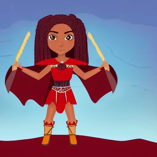 girl warrior, red braided hair, blue eyes, black skin, fur cape, castle on the background,  Cartoon
