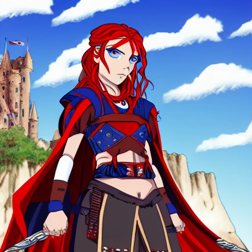 girl warrior, red braided hair, blue eyes, black skin, fur cape, castle on the background,  anime


