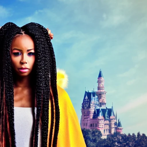 black girl warrior, red braided hair, blue eyes, fur cape, castle on the background,  anime

