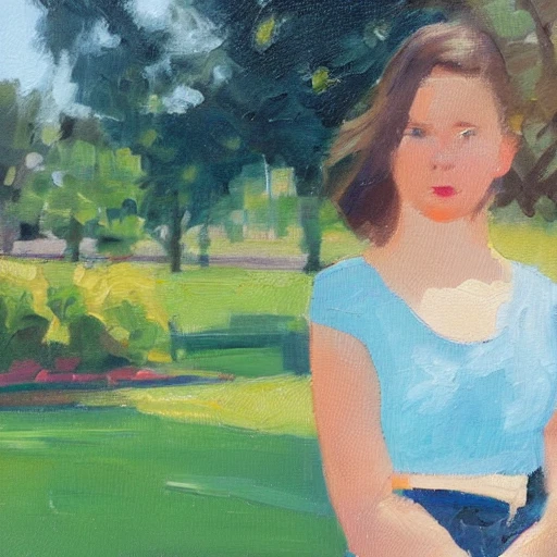 young woman as a student on a tech campus looking beautiful on a sunny warm summerday, Oil Painting