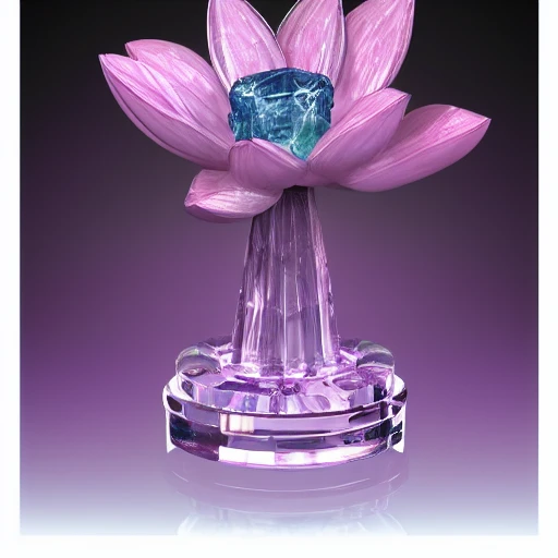 solid crystal sculpture of lotus towards the camera, semi transluscent purples pinks and blues, high octane render, magical, airbrushed, concept art, full body