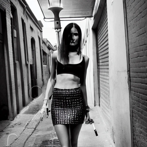 A young and slim woman is standing smoking a cigarette under a lamp post in a dirty alley. She is wearing high heels, a loose crop top and a micro mini skirt, barely covering her bottom. Her face is symmetric and beautiful, her lips full and she wears heavy make-up , Cartoon