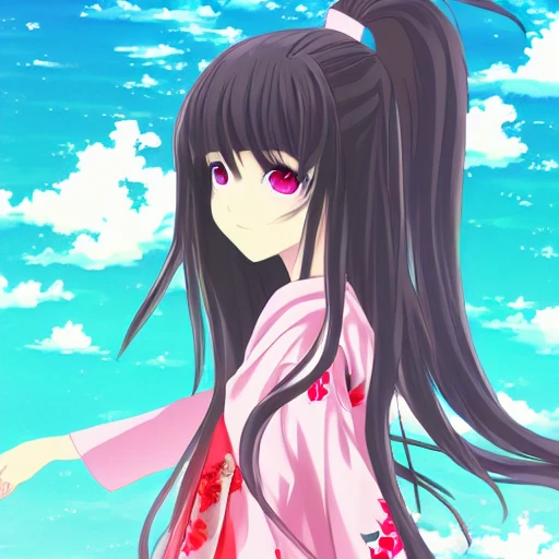 anime_style, girl, loli, sakura details, kimono wear, long hair, floating into water