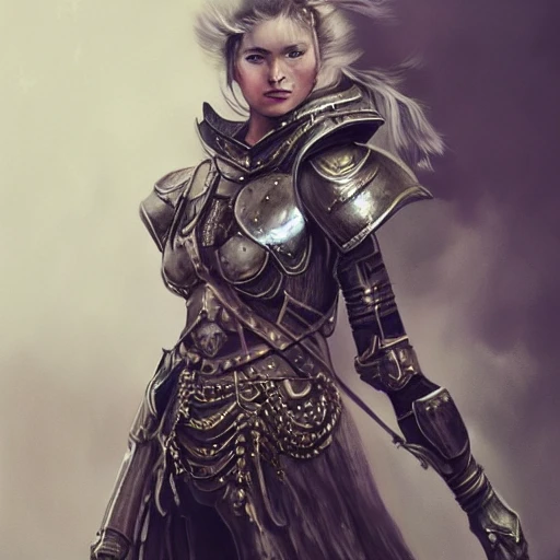 painted portrait of a fighter in chain armour, feminine, mature, beautiful, upper body, fantasy, intricate,  elegant, highly detailed, digital painting