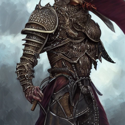 painted portrait of a dragon fighter in chain armour, mature, beautiful, upper body, fantasy, intricate,  elegant, highly detailed, digital painting, 