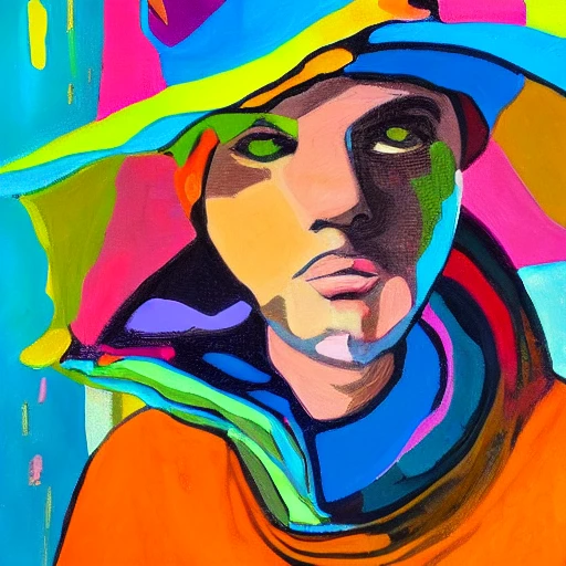 nvinkpunk, painter in front of a colorful painting, hat tilted, wearing poncho, poster