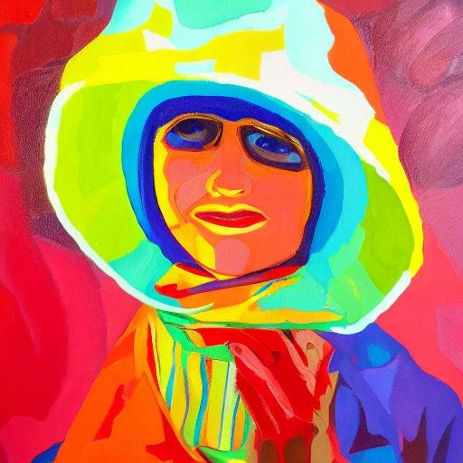 nvinkpunk, painter in front of a colorful painting, hat tilted, wearing poncho, poster, Oil Painting