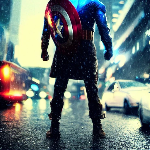 Cyberpunk, man standing in the rain on the street, superhero, Captain America, a futuristic city in the background