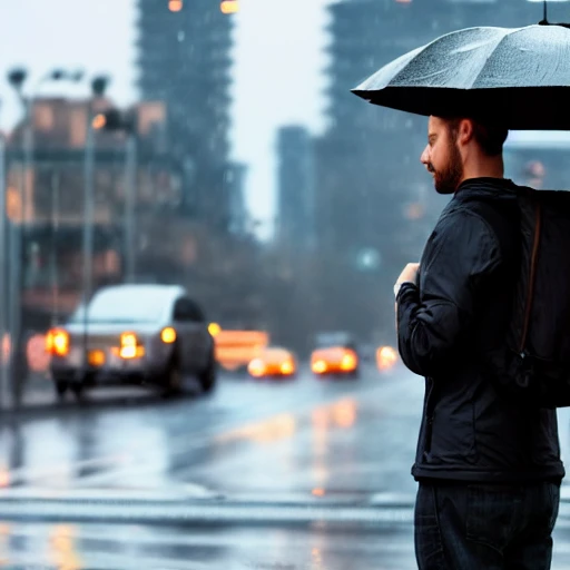 A men with a backpack standing in the rain on the street with a big city in the background blurred