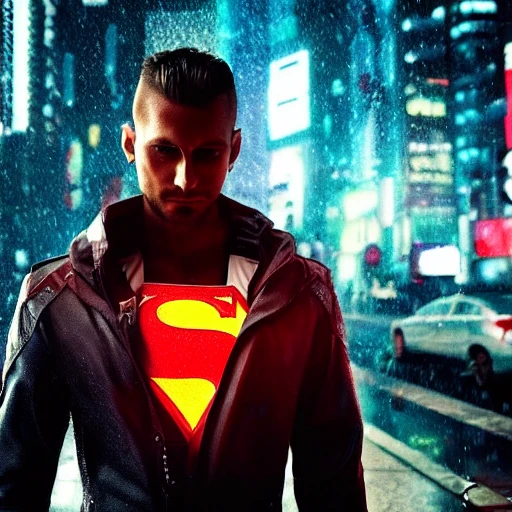 Cyberpunk, man standing in the rain on the street, superhero, captain, military uniform, a futuristic city in the background