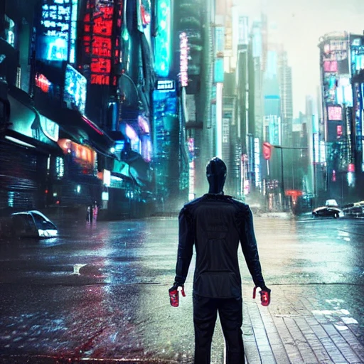 Cyberpunk, man standing in the rain on the street, superheroes, Marvel, hi-tech clothing, a futuristic city in the background