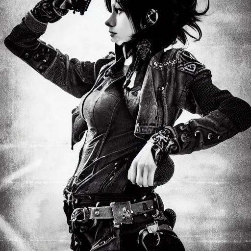 redshift style, a real perfect female body of woman, perfect face, intricate, elegant, wearing ragged jeans, on a motorcycle, gun holster, highly detailed, manga, epic cinematic