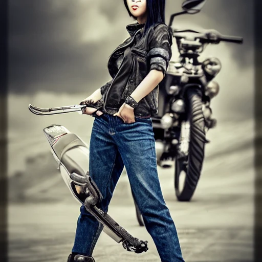 redshift style, asian woman on a motorcycle, perfect face, intricate, elegant, wearing ragged jeans, gun holster, highly detailed, manga, epic cinematic