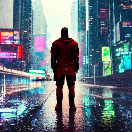 Cyberpunk, man standing in the rain on the street, facing forward, superhero, Marvel, hi-tech clothing, a futuristic city in the background