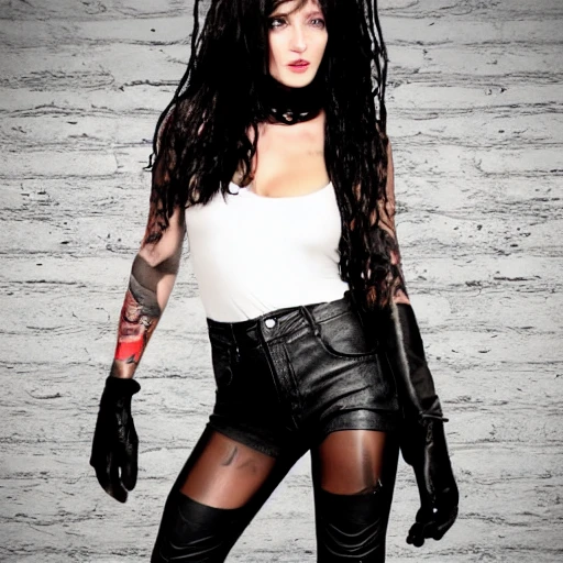 dynamic action photograph of a ((frightened)), sexy, slender, fit, woman with green eyes, (((dark brown skin))), short black hair, perfect face, wet hair and skin, full lips, ((small breasts)), barcode tattoo, wearing sheer white blouse and ripped blue jeans, thigh high leather boots, choker, thigh holster, nose piercing, detailed hands and breasts, detailed eyes, carrying a briefcase and ((holding a gun)), (((standing in a rainy cyberpunk alley at night))), DOF, 85mm, cinematic lighting, wlop, by rembrandt, 1girl, arm_tattoo, bangs, back, blurry, high_ponytail Negative prompt: lowres, bad anatomy, bad hands, text, error, missing fingers, extra digit, fewer digits, cropped, worst quality, low quality, normal quality, jpeg artifacts,