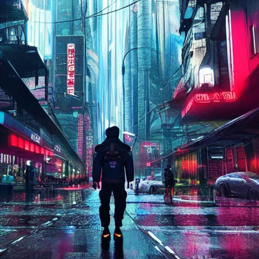 Man needlessly standing on roof overlooking cyberpunk city posing