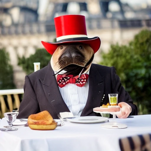 a walrus in a tophat and a bowtie, fine dining in paris, paris terrace, eifel tower, wooden table, white table cloth, smoking a sigar