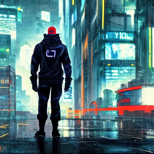 Cyberpunk, Man Standing In The Rain On The Street, Soldier 76, M 