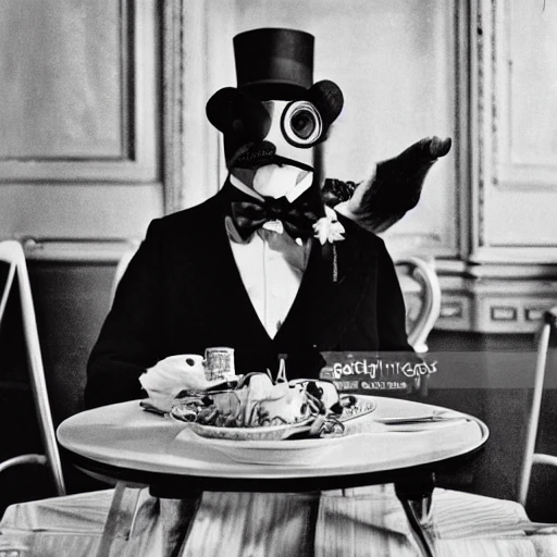 a walrus in a tophat and a bowtie, fine dining in paris, paris terrace, eifel tower, wooden table, white table cloth, smoking a sigar, extremely detailed

