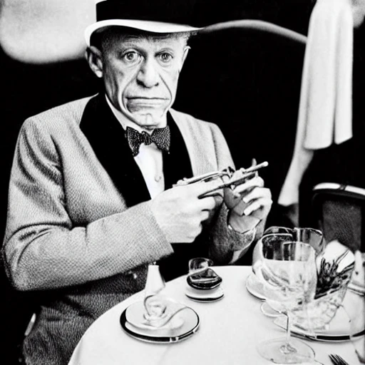 a walrus in a tophat and a bowtie, fine dining in paris, paris terrace, eifel tower, wooden table, white table cloth, smoking a sigar, pablo picasso

