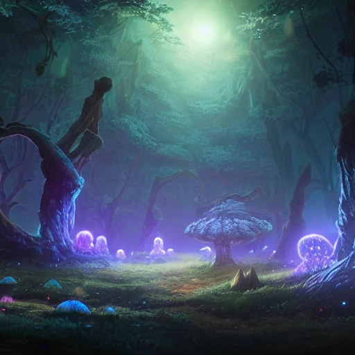 concept art painting of a fantasy alien fungal landscape at night, with glowing blue lights, glowing blue mushrooms, dark purple sky, realistic, detailed, cel shaded, in the style of makoto shinkai and greg rutkowski and albert bierstadt and james gurney , 3D, 3D