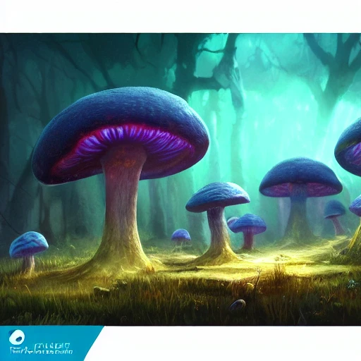 concept art painting of a fantasy alien fungal landscape at night, with glowing blue lights, glowing blue mushrooms, dark purple sky, realistic, detailed, cel shaded, in the style of makoto shinkai and greg rutkowski and albert bierstadt and james gurney , 3D, 3D, Trippy, Trippy, Cartoon, Trippy