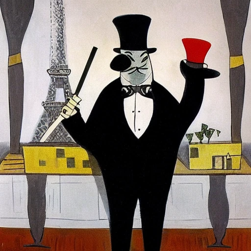 a walrus in a tophat and a bowtie, fine dining in paris, paris terrace, eifel tower, wooden table, white table cloth, smoking a sigar, pablo picasso style

