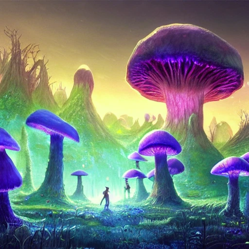 concept art painting of a fantasy alien fungal landscape at night, with glowing blue lights, glowing blue mushrooms, dark purple sky, realistic, detailed, cel shaded, in the style of makoto shinkai and greg rutkowski and albert bierstadt and james gurney , 3D, 3D, Trippy, Trippy, Cartoon, Trippy