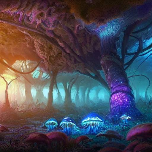 naked women concept art painting of a fantasy alien fungal landscape at night, with glowing blue lights, glowing blue mushrooms, dark purple sky, realistic, detailed, cel shaded, in the style of makoto shinkai and greg rutkowski and albert bierstadt and james gurney , 3D, 3D, Trippy, Trippy, Cartoon, Trippy