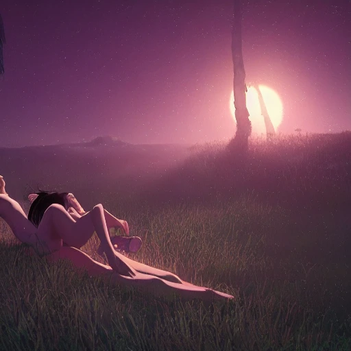 naked women under  dark purple sky, realistic, detailed, cel shaded, in the style of makoto shinkai and greg rutkowski and albert bierstadt and james gurney , 3D, 3D, Trippy, Trippy, Cartoon, Trippy