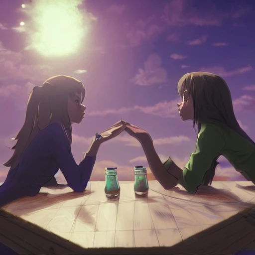 Two beautiful young women laying on top of a table wrestling each other while one tries each to kiss the other which points at her waist buttocks  dark purple sky, realistic, detailed, cel shaded, in the style of makoto shinkai and greg rutkowski and albert bierstadt and james gurney , 3D, 3D, Trippy, Trippy, Cartoon, Trippy, Trippy