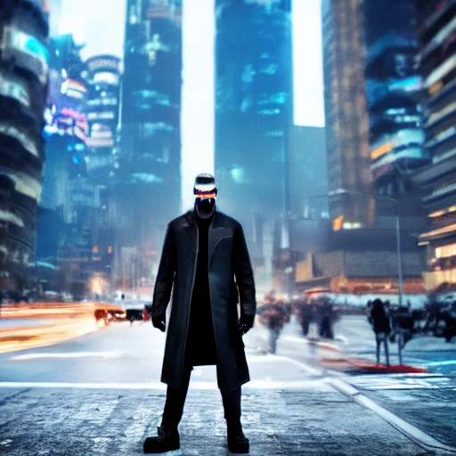 Cyberpunk, man standing on the street, Winter Soldier, Marvel, high-tech clothing, a futuristic city in the background