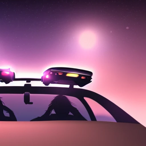 Two naked beautiful young women driving a car away from pursuing police. the passenger is shooting an SMG randonly  dark purple sky, realistic, detailed, cel shaded, in the style of makoto shinkai and greg rutkowski and albert bierstadt and james gurney , 3D, 3D, Trippy, Trippy, Cartoon, Trippy, Trippy