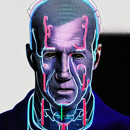 cyborg joe biden | with a visible detailed brain | muscles cable wires| biopunk | cybernetic | cyberpunk | canon m50 | 100mm | sharp focus | smooth | hyperrealism | highly detailed | intricate details