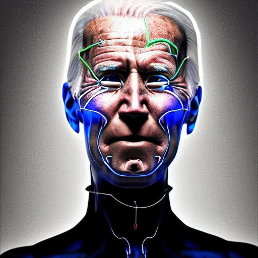 cyborg joe biden | with a visible detailed brain | muscles cable wires| biopunk | cybernetic | cyberpunk | computer chip | canon m50 | 100mm | sharp focus | smooth | hyperrealism | highly detailed | intricate details