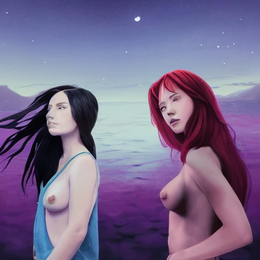 Two beautiful young women press against each other. one has red head, the other has black. the redhead has one breast being cupped by the black haired naked woman.  dark purple sky, realistic, detailed, cel shaded, in the style of makoto shinkai and greg rutkowski and albert bierstadt and james gurney , 3D, 3D, Trippy, Trippy, Cartoon, Trippy