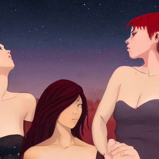 Two beautiful young women press against each other. one has red head, the other has black. the redhead has one breast being cupped by the black haired naked woman.  dark purple sky, realistic, detailed, cel shaded, in the style of makoto shinkai and greg rutkowski and albert bierstadt and james gurney , 3D, 3D, Trippy, Trippy, Cartoon, Trippy