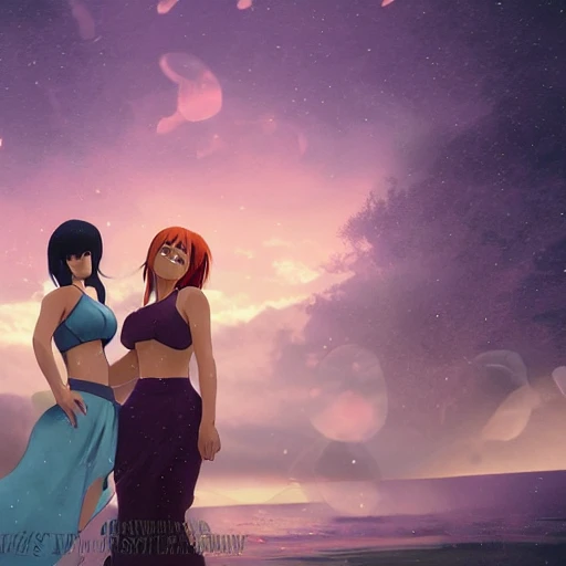 Two beautiful young women press against each other, the redhead has one breast being kissed by the black haired naked woman.  dark purple sky, realistic, detailed, cel shaded, in the style of makoto shinkai and greg rutkowski and albert bierstadt and james gurney , 3D, 3D, Trippy, Trippy, Cartoon, Trippy