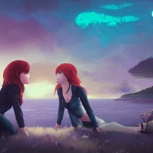 Two beautiful young women press against each other, the redhead has one exposed breast being kissed.  dark purple sky, realistic, detailed, cel shaded, in the style of makoto shinkai and greg rutkowski and albert bierstadt and james gurney , 3D, 3D, Trippy, Trippy, Cartoon, Trippy