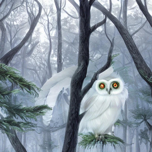 white Glowing owl in the fantastic forest, highly detailed, digital art, sharp focus, trending on art station, trees, bushes,3D