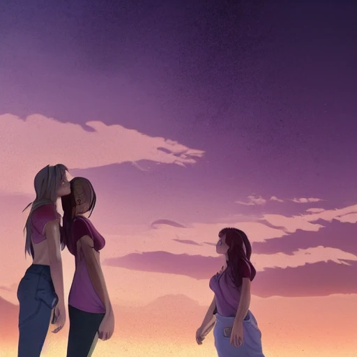 Two beautiful young women press against each other, one  has an exposed breast being kissed.  dark purple sky, realistic, detailed, cel shaded, in the style of makoto shinkai and greg rutkowski and albert bierstadt and james gurney , 3D, 3D, Trippy, Trippy, Cartoon, Trippy