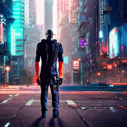 Cyberpunk, man standing on the street, snake eyes, Marvel, high-tech clothing, a futuristic city in the background