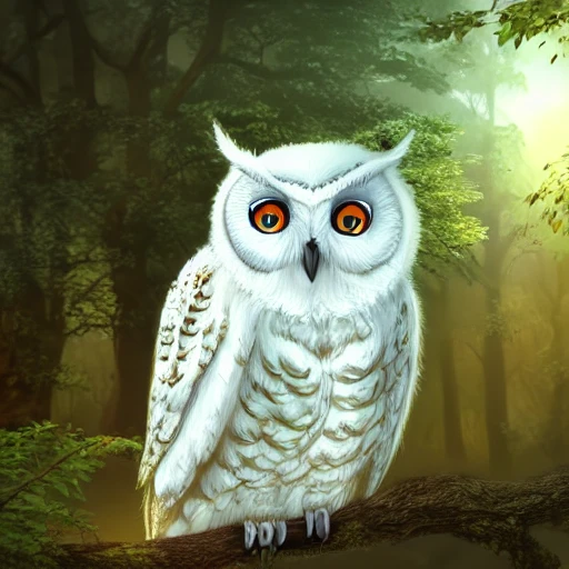 white Glowing owl in the fantastic forest, highly detailed, digital art, sharp focus, trending on art station, trees, bushes,3D, dramatic lighting, cinematic lighting