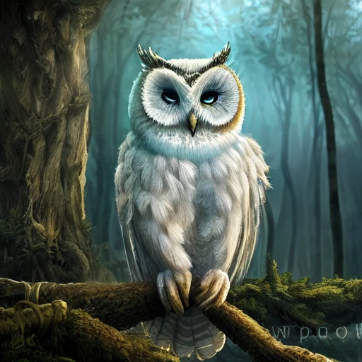 white Glowing owl in the fantastic forest, highly detailed, digital art, sharp focus, trending on art station, trees, bushes,3D, dramatic lighting, cinematic lighting, detailed surroundings, by bandai namco artist