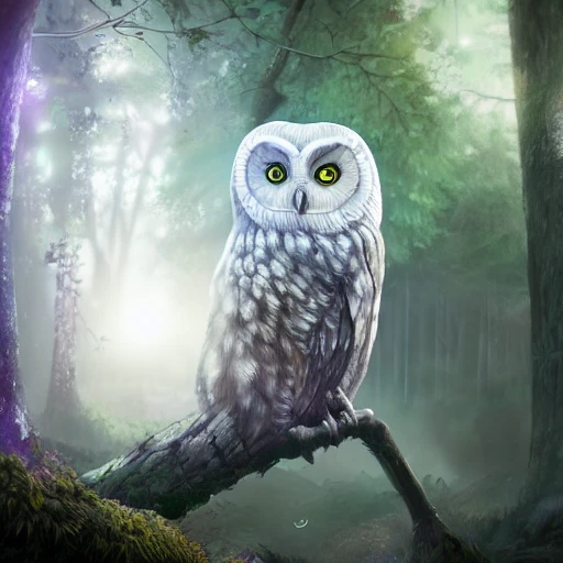 white Glowing owl in the fantastic forest, purple eyes, highly detailed, digital art, sharp focus, trending on art station, trees, bushes,3D, dramatic lighting, cinematic lighting, detailed surroundings, by bandai namco artist
