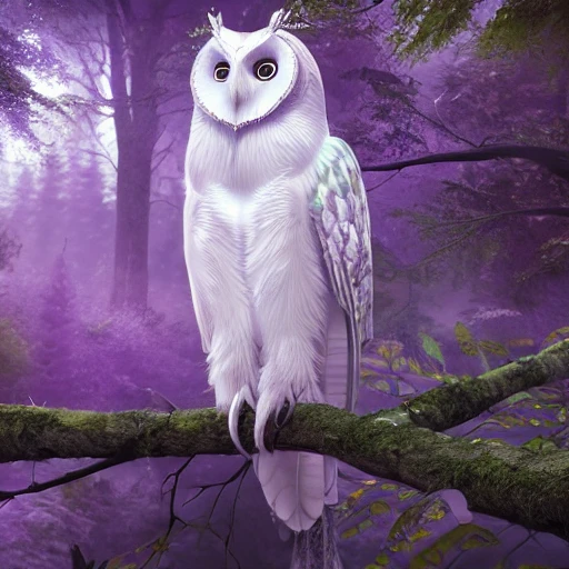 white Glowing owl in the fantastic forest, purple eyes, highly detailed wing, digital art, sharp focus, trending on art station, trees, bushes,3D, dramatic lighting, cinematic lighting, detailed surroundings, by bandai namco artist