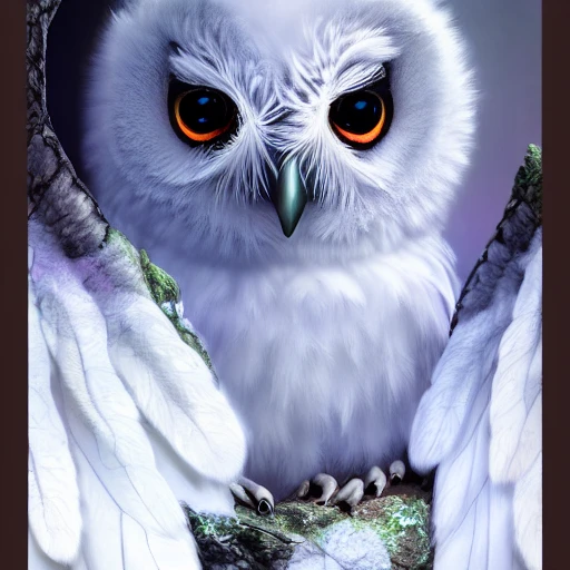 white Glowing baby owl in the fantastic forest, purple eyes, highly detailed wing, digital art, sharp focus, trending on art station, trees, bushes,3D, dramatic lighting, cinematic lighting, detailed surroundings, by bandai namco artist