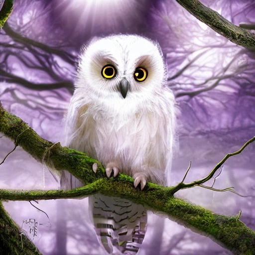 white Glowing cute baby owl in the fantastic forest, purple eyes, highly detailed wing, digital art, sharp focus, trending on art station, trees, bushes,3D, dramatic lighting, cinematic lighting, detailed surroundings, by bandai namco artist